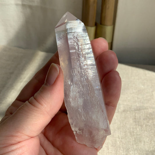 Blue Smoke DNA Lemurian Quartz Point. Ethically Sourced with baby inner child crystal.
